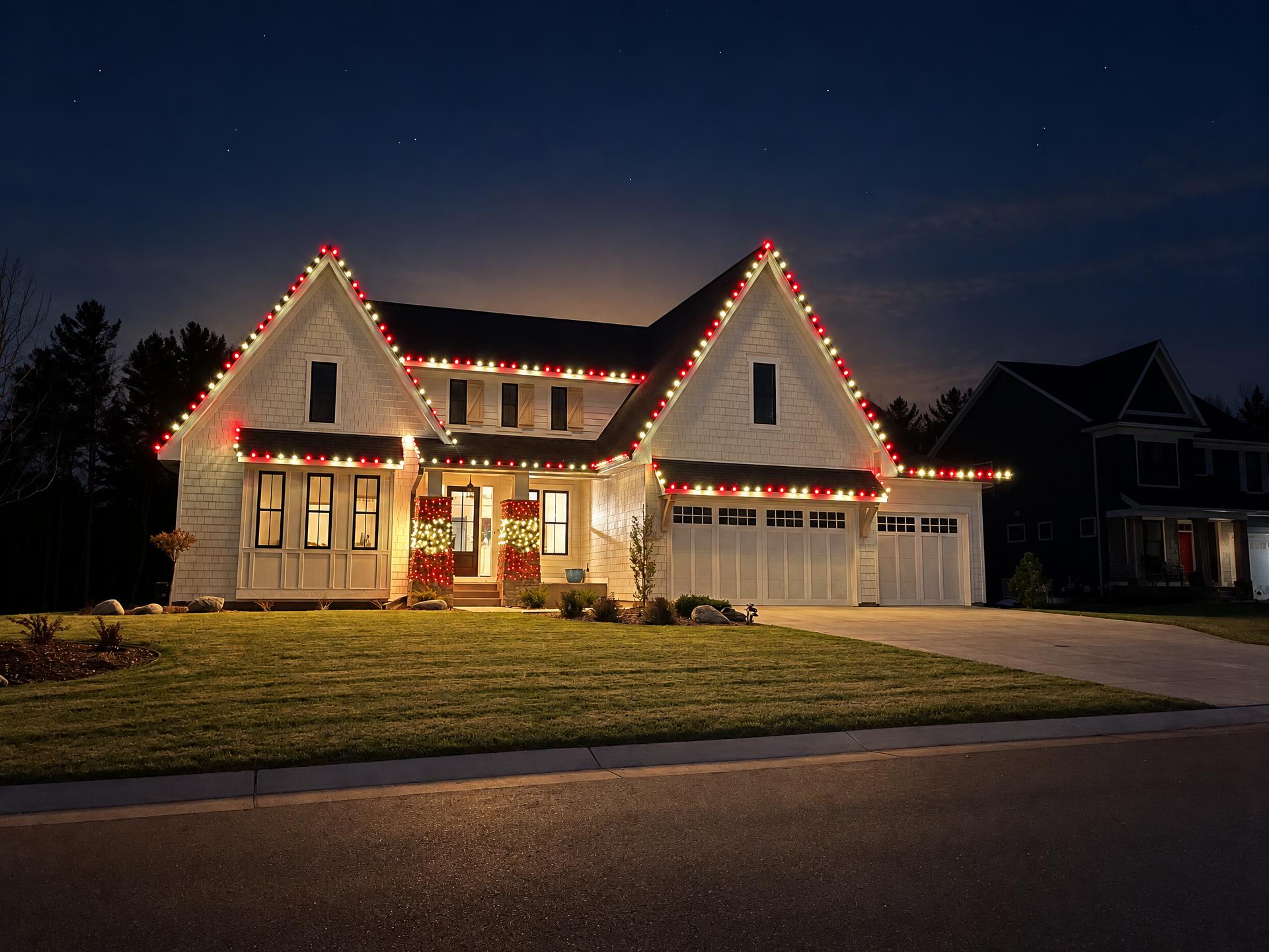 Two-story craftsman home at night with red and warm white C9 lights along every roofline and porch pillars wrapped in lights