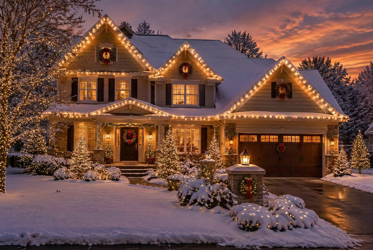 Larger home with warm white C9 Christmas bulbs on the rooflines and matching mini lights on the trees and shrubs